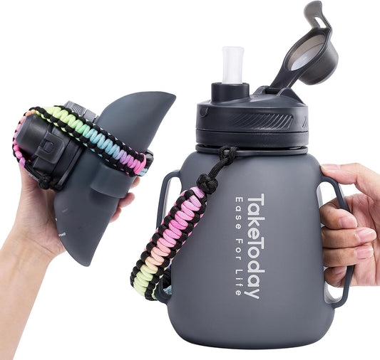 Portra Collapsible Water Bottles 40 OZ Motivational Water Bottle with Straw and Paracord Handle Silicone Sports Water Jug with Times Leakproof Large Water Bottle for Yoga Camping Outdoors