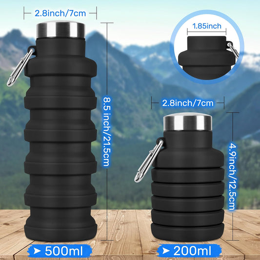 Collapsible Water Bottle, 16oz Portable Reusable Silicone Water Bottle, BPA-Free Leak-Proof Foldable Design with Carabiner, Lightweight Durable for Gym, Travel, Camping, Hiking, Sports